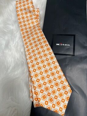 Kiton Orange & Cream Geometric Pattern Luxury Italian Designer  Silk Tie